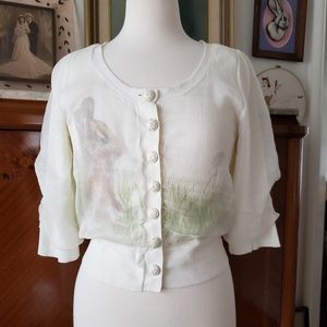 Anthropologie White Cardigan Rabbit Print Chiffon